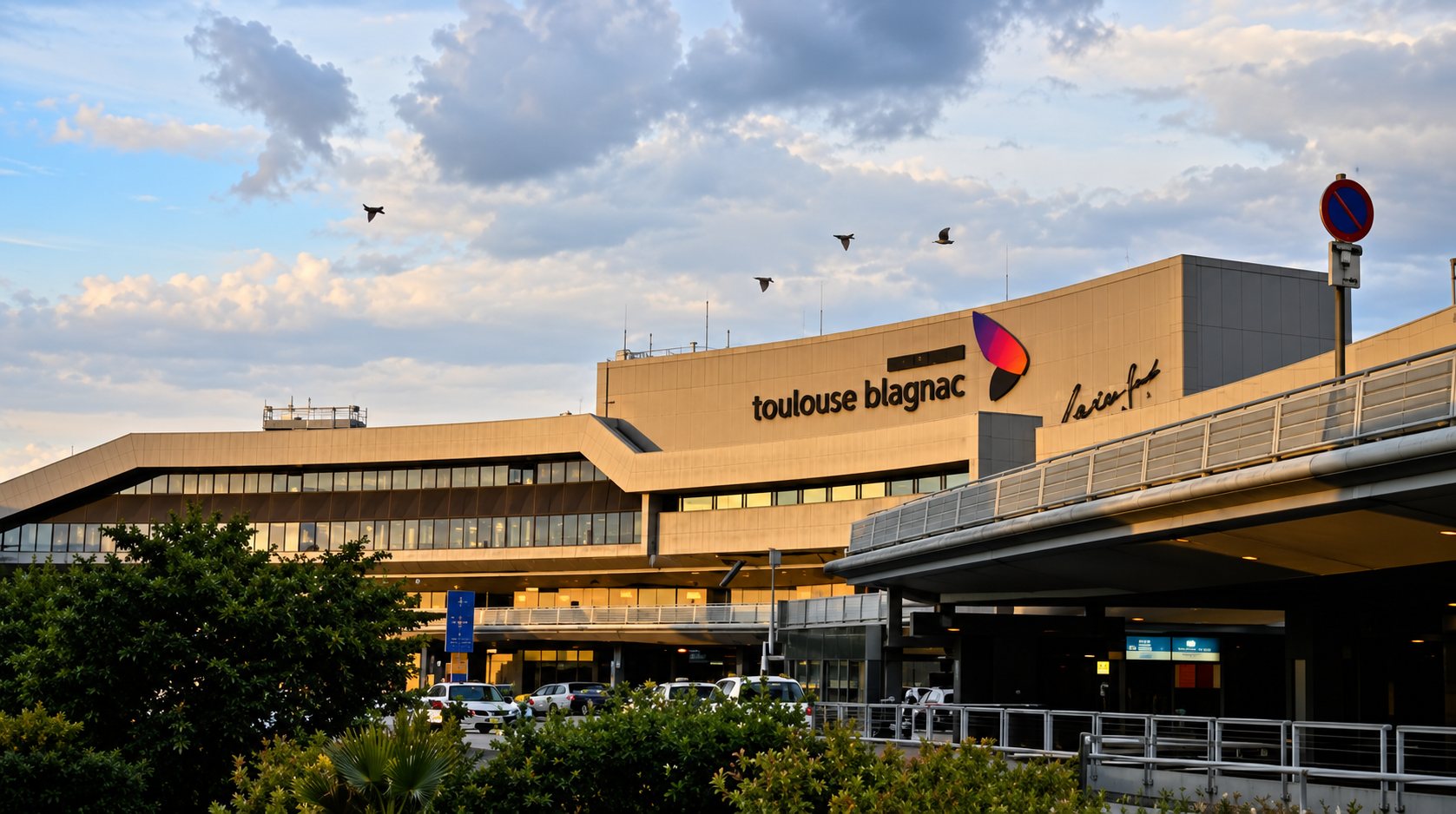 Vue extérieure du terminal de l'aéroport Toulouse-Blagnac, avec une rampe d'accès au premier plan et un ciel nuageux en arrière-plan.